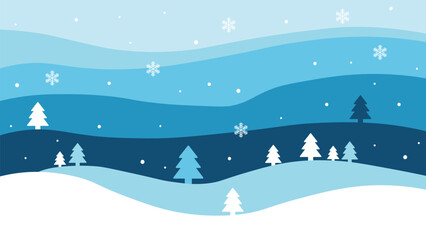 Blue winter landscape vector background flat design snowy forest template with copy space.