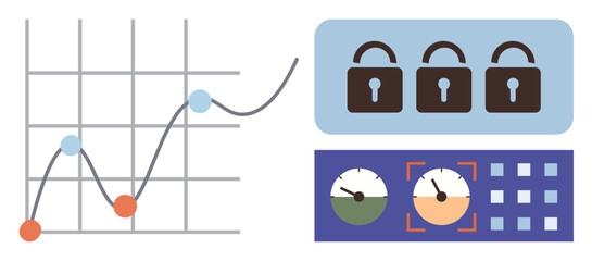 Line graph tracking data points, three padlock icons emphasizing security, speed dials, and a grid pattern for monitoring. Ideal for analytics, cybersecurity, progress tracking, data visualization