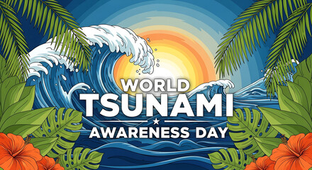 Naklejka premium World tsunami awareness day with crashing wave and tropical foliage