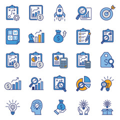 Blue business and finance icon sheet representing growth and planning strategy.  ideal for presentations, reports, websites, and marketing materials