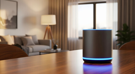 A smart speaker with blue light on a wooden table in a living room with a sofa and window
