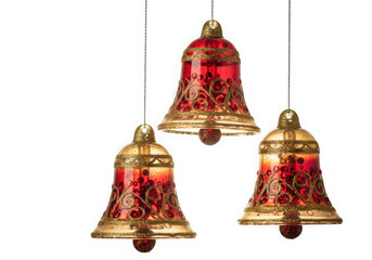 Three ornate red and gold christmas bells hanging together festive decorations isolated on transparent background