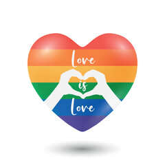 Love Is Love Rainbow Heart, Vector Illustration. Pride LGBT Symbol with Hands Making Heart Shape. Colorful Equality Illustration, Support and Diversity, Human Rights, Love and Acceptance Concept