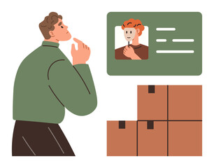 Young man pondering with profile ID card and stacked boxes in view. Ideal for decision-making, logistics, shipping, identity verification, e-commerce, delivery, thoughtful planning. Simple flat