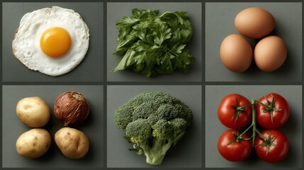 Collection of fresh raw food ingredients in a grid: eggs, parsley, potatoes, onion, broccoli, and tomatoes on a gray background.