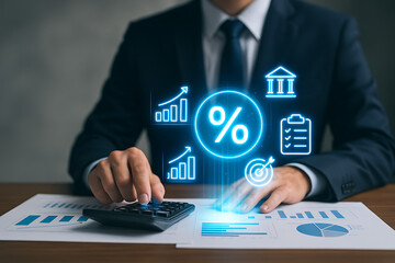 Financial services concept with businessman calculating interest rates and business growth charts with icons for banking and investment planning