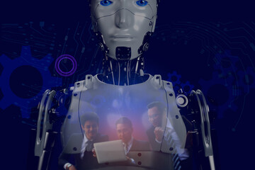 3D robotic render with business icon on three business men in happy moment.Modern businesses are using AI to help plan marketing and design products for success.