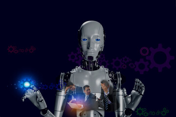3D robotic render with business icon on three business men are brainstorming.Modern businesses are using AI to help plan marketing and design products for success.