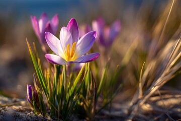 Fototapeta premium A delicate purple and white crocus flower blooms in sunlight, surrounded by green grass and blurred natural background