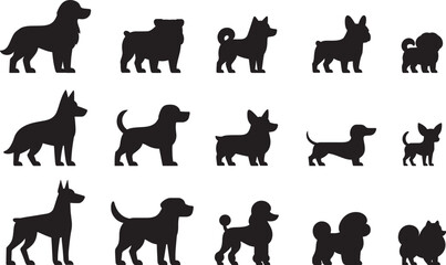 15 standing dog silhouettes of different breeds - poodle, dachshund, shiba inu, maltese, chihuahua, corgi, french bulldog, pomeranian, labrador, doberman pinscher