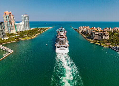 Miami, Florida, USA - April 16, 2025: Norwegian Aqua cruise ship voyage. Cruise in summer vacation. Norwegian cruise line. Cruise ship tour and travel at sea. Ship leaving Miami beach port. NCL