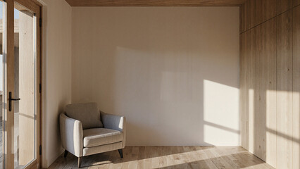 Fototapeta premium Cozy Minimalist Interior with Warm Morning Sunlight – Neutral Aesthetic Home Design