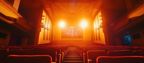 Empty theater, stage lights, cinematic ambiance.  Perfect for film, show, or event promotion