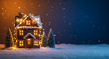 Fototapeta premium Christmas snow covered house lights banner background