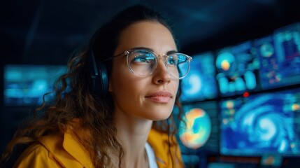 A focused woman with glasses and headphones analyzes data on multiple digital screens in a high-tech control room
