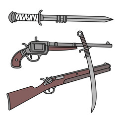 Collection of vintage firearms including a sword revolver and rifle with a bayonet attachment
