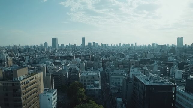 Tokyo cityscape aerial view, urban sprawl, hazy sky, buildings, background - Powered by Adobe