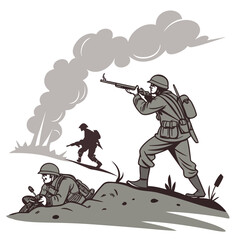 Vintage illustration of soldiers in combat advancing through smoke and explosions during a historical battle scene