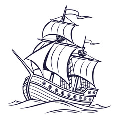 A vintage sailing ship with full sails navigating through choppy ocean waves under a clear sky