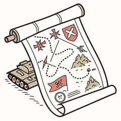 Cartoon illustration of a military tank peeking out from behind a treasure map with a dotted path