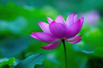 Obraz premium A vibrant pink lotus flower in full bloom stands out against a lush green, blurred background, evoking tranquility and natural beauty