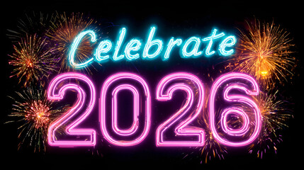 Neon &ldquo;Celebrate 2026&rdquo; Sign with Fireworks , Bright Pink & Blue 2026 Celebration Glow, Futuristic Party Vibe &ndash; Neon Countdown to 2026