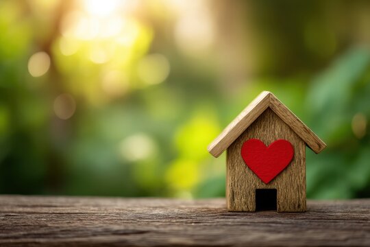 A small wooden house with a red heart stands on a wooden surface against a blurred green natural background, symbolizing love and home