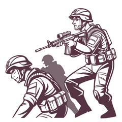 Two soldiers in tactical gear advancing with one aiming a rifle during a military operation