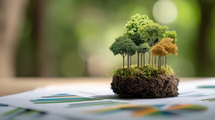 A small cluster of model trees on a soil base sits atop financial charts, symbolizing environmental sustainability and growth