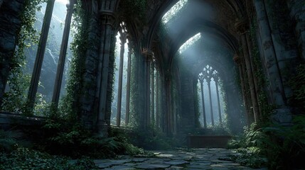 Abandoned ancient chapel with tall windows concept. Eerie ruins with light streaming through ancient stained glass windows.