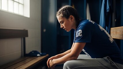 Young athlete sits alone in locker room feeling defeated after loss.