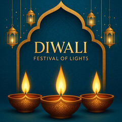Diwali illustration with diya, Creative Diwali decorative diya illustration, Happy Diwali post design, Diwali or Dipavali festival, Colorful happy Diwali Instagram post