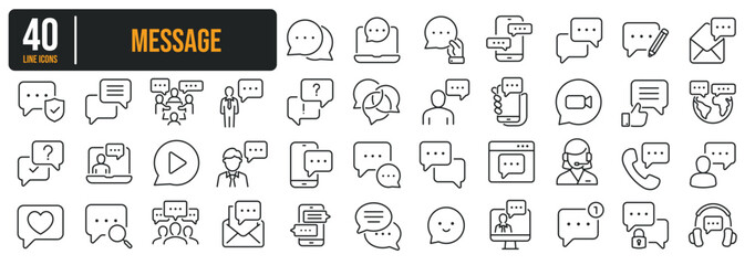 Set of collection thin line icons related Message, Conversation, Chat. The icon can be used for website, infographic, user interface, app, banner, logo, brochure etc transparent background