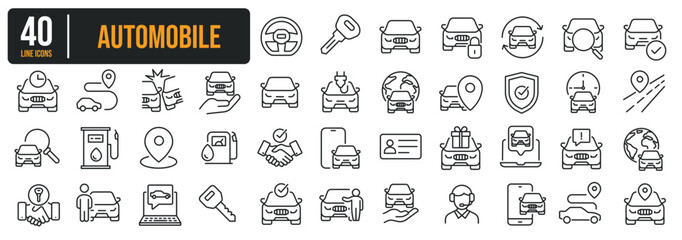 Set of collection thin line icons related Automobile, Car Dealer, Car Rent. The icon can be used for website, infographic, user interface, app, banner, logo, brochure etc transparent background