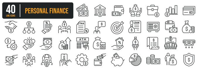 Set of collection thin line icons related Personal Finance, Income, Investment. The icon can be used for website, infographic, user interface, app, banner, logo, brochure etc transparent background