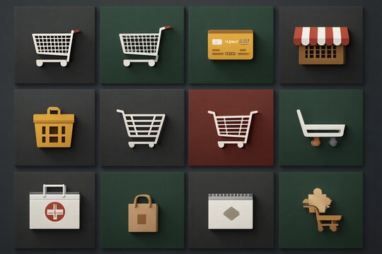Modern E-commerce and Retail Shopping Icons Collection in 3D Minimalist Style on a Grid Background