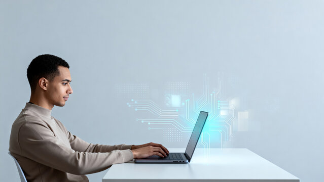 Man using laptop with digital circuit overlay