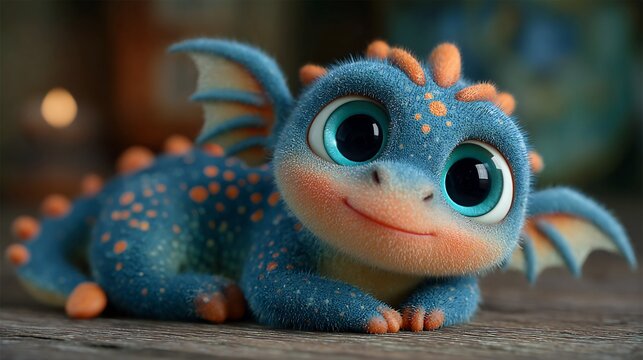Cute baby dragon with big blue eyes lying on wooden floor, furry blue and orange fantasy creature smiling happily - Powered by Adobe