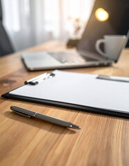 Office Desk Setup with Laptop and Clipboard for Work, Simple Workspace Arrangement on a Light Brown Wooden Table Top