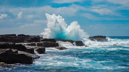 Massive ocean waves crash powerfully against rocky cliffs, sending white spray high into the air, symbolizing strength, nature force, beauty, and timeless energy of the sea colliding with the land.