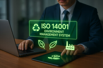 ISO 14001 environment management system concept shown on a virtual screen with a businessman interacting with icons representing sustainability, ecology, and industry