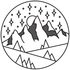 Stylized Mountain Range with Stars and Moon in Circle Design Isolated on Transparent Background Vector Illustration for Print or Digital Use