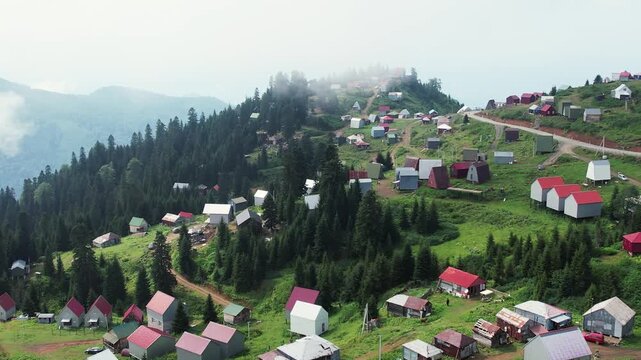 Amazing footage of mountain village top view. Houses in the forest. Gomis Mta resort in Georgia.