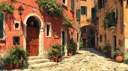 Charming Venetian alleyway with vibrant buildings and lush greenery in a sunny setting © Petani