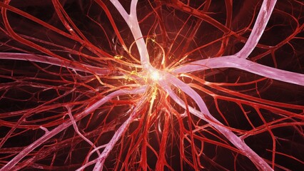 A detailed digital rendering of a neural network glows with electrical signals across red synapses, symbolizing neuroscience, intelligence, brain activity, and complexity of biological communication.