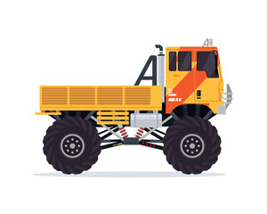 Naklejka premium Yellow Truck with Oversized Tires in Pixel Art Isolated on Transparent Background