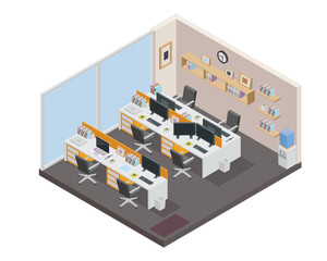 Obraz premium Pixel Art Office Space with White Desks and Gray Chairs Isometric View