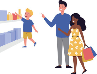 Family shopping together, child reaching shelf, parents pointing items, grocery store scene, retail lifestyle, consumer behavior, supermarket aisle, everyday family activity