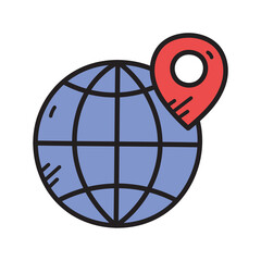 Globe with Red Location Pin Flat Icon on Transparent Background Global Network Navigation Symbol Traveling Concept Digital Illustration