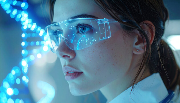 Gazing into the Future: A focused scientist, illuminated by the glow of a digital DNA strand, peers intently through transparent protective eyewear in a modern science laboratory.